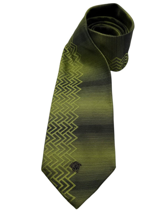 Gianni Versace Silk Tie – Green Ombre with Geometric Chevron Pattern