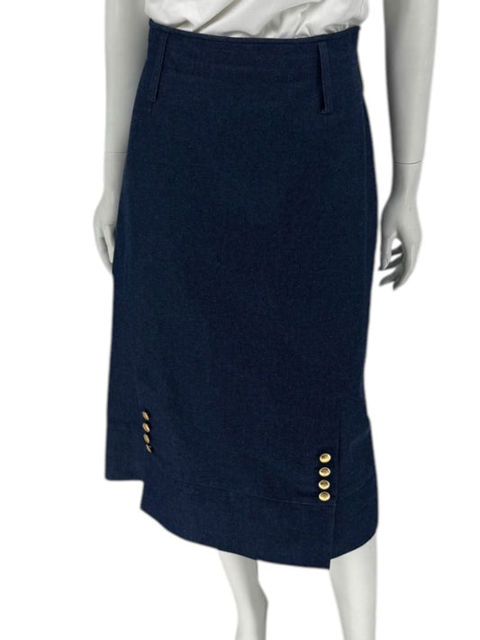 Christian Dior Boutique Blue Denim Midi Skirt with Gold Buttons – Size 14