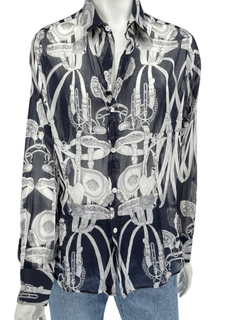 Craig Taylor Elegant Black & White Equestrian-Print Long-Sleeve Shirt – Size XL