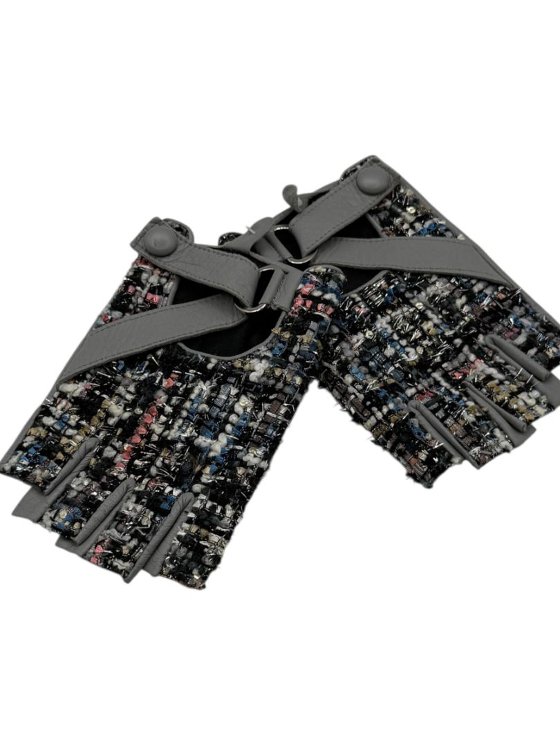 Karl Lagerfeld Gray Leather & Tweed Cutoff Gloves – Size S/M