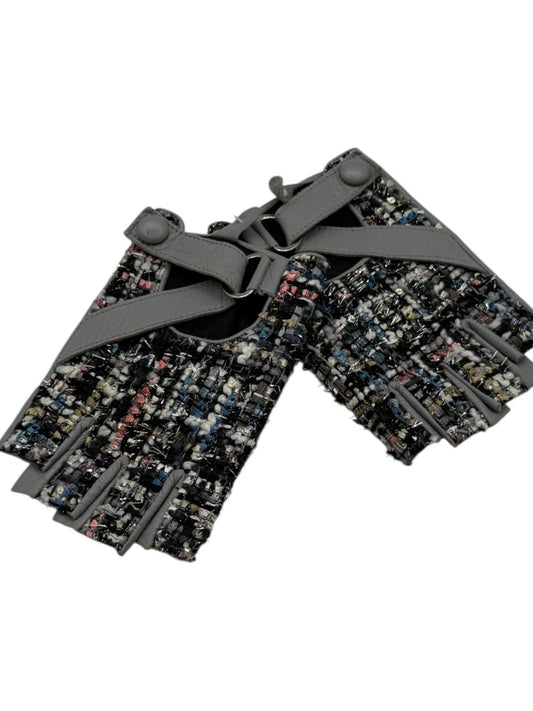 Karl Lagerfeld Gray Leather & Tweed Cutoff Gloves – Size S/M