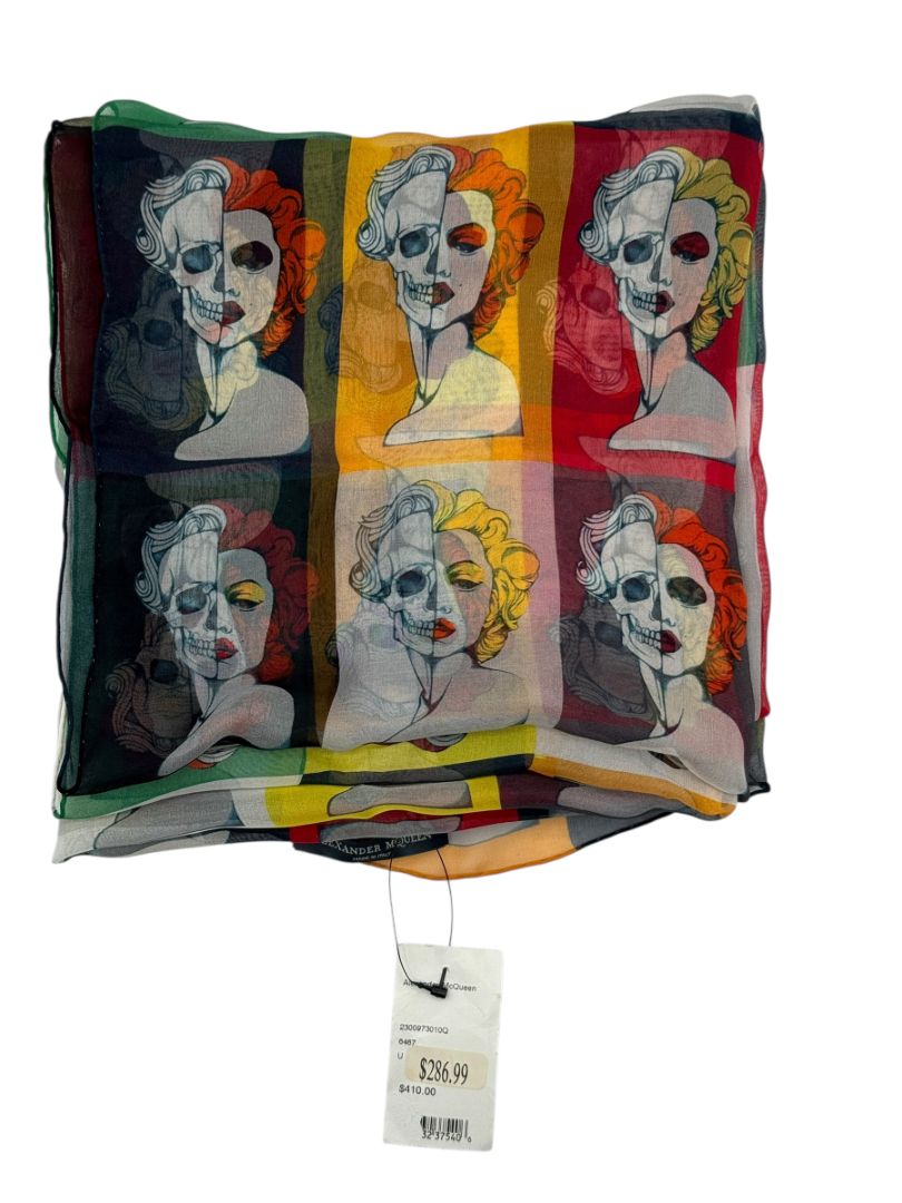 Alexander McQueen c.2008 Marilyn Monroe Skull Print Pop Art Silk Scarf RARE