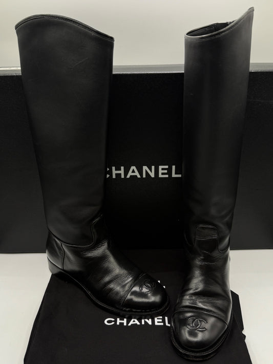 Chanel CC Captoe Black Leather Riding Boots – Size 36.5