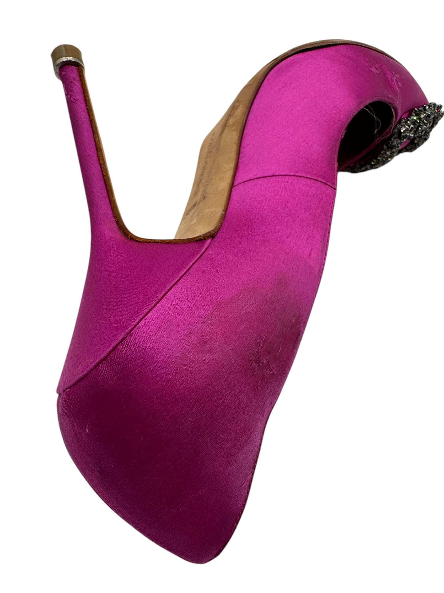 Manolo Blahnik Fuchsia Satin and Crystal Buckle Hangisi Pumps Size 38.5