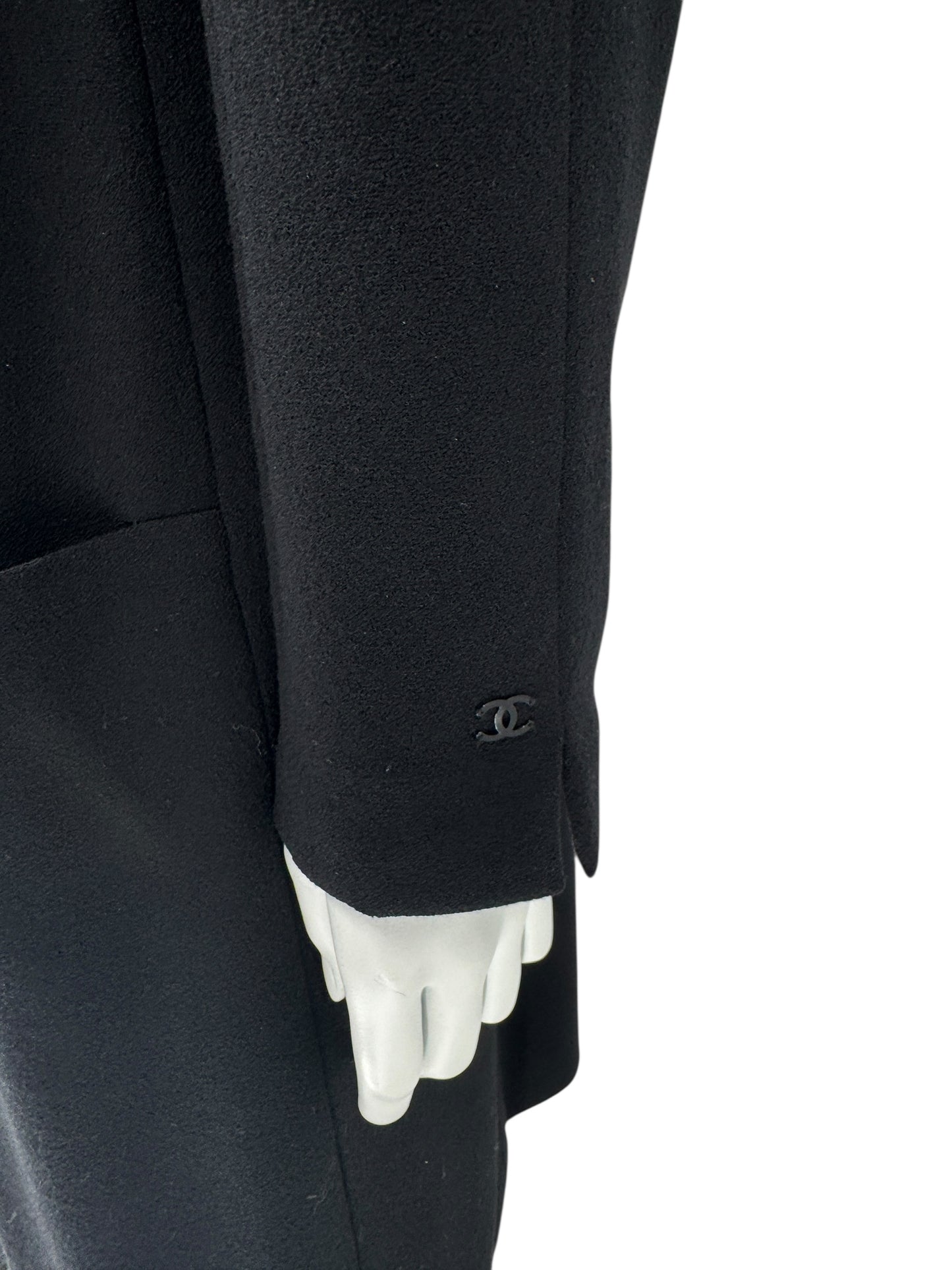 Chanel F/W 02 Long Black Wool Jacket Pearl Buttons - Size 44