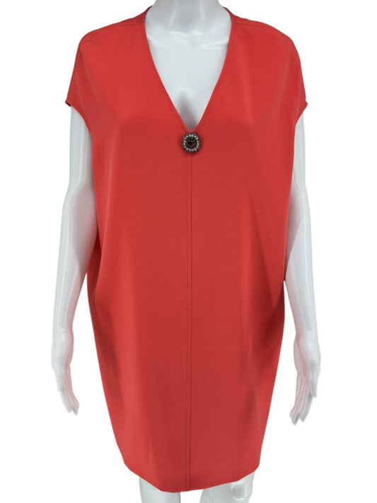 Pamella Roland Sleeveless Shift Dress in Coral with Beaded Brooch Detail