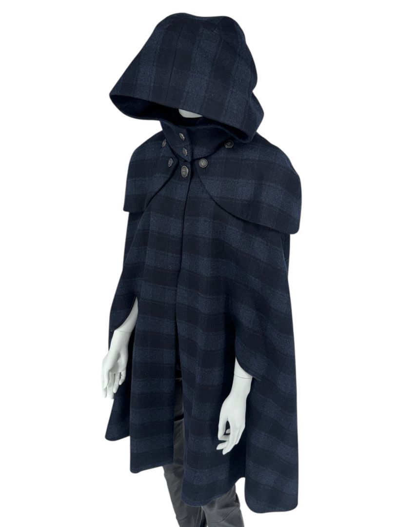 *RARE* Chanel Navy & Black Plaid Wool Hooded Cape with Logo Buttons – Size FR 44