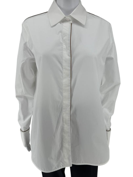 MaxMara White Cotton Piped Button-Down Shirt – Size US 10 / IT 44