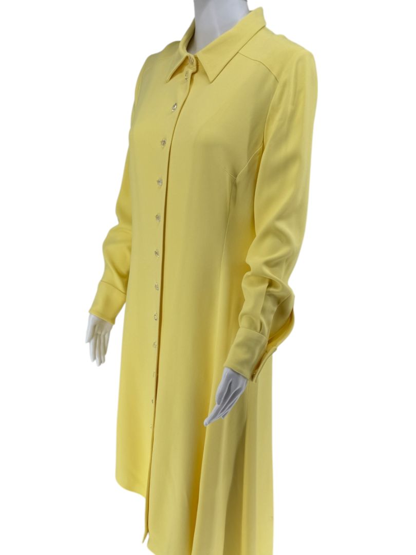 Pamella Roland Pale Yellow Crystal Button Shirt Dress with Asymmetric Hem - L