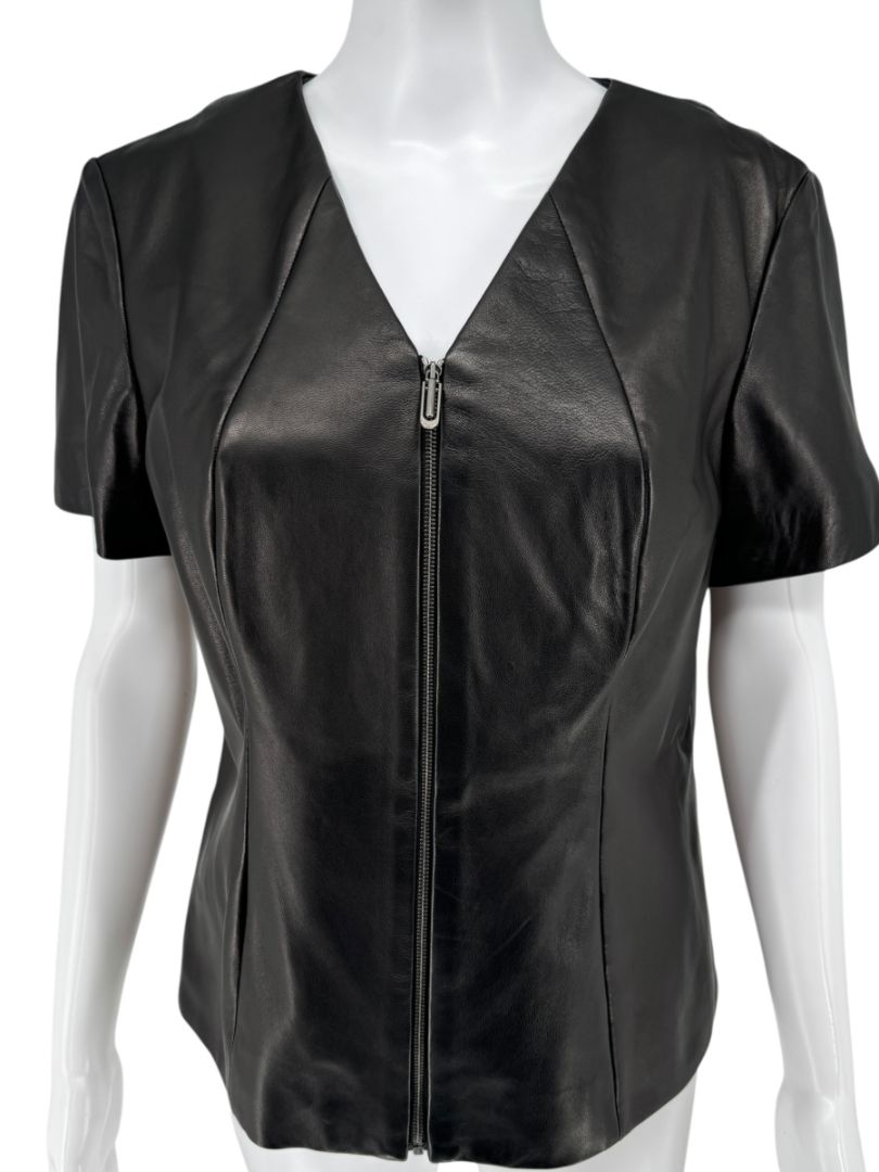 Pamella Roland Black Lambskin Leather Zip-Front Top – Large