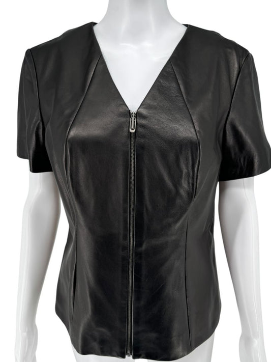 Pamella Roland Black Lambskin Leather Zip-Front Top – Large