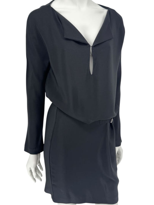 Pamella Roland Black Drape-Front Long Sleeve Belted Mini Dress – Large