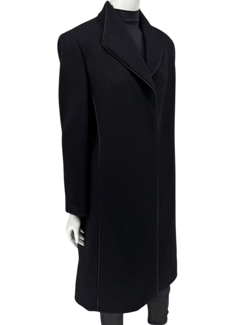 Pamella Roland Black Longline Coat Piped Trim Open Front Designer Outerwear Fits L