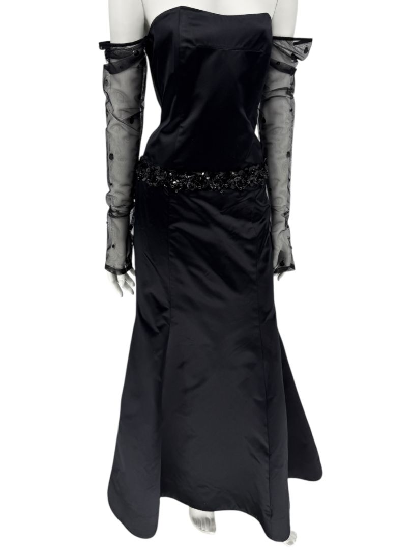 Pamella Roland Black Strapless Evening Dress Embellished Waist Sheer Sleeve Formal Gown - Size 6