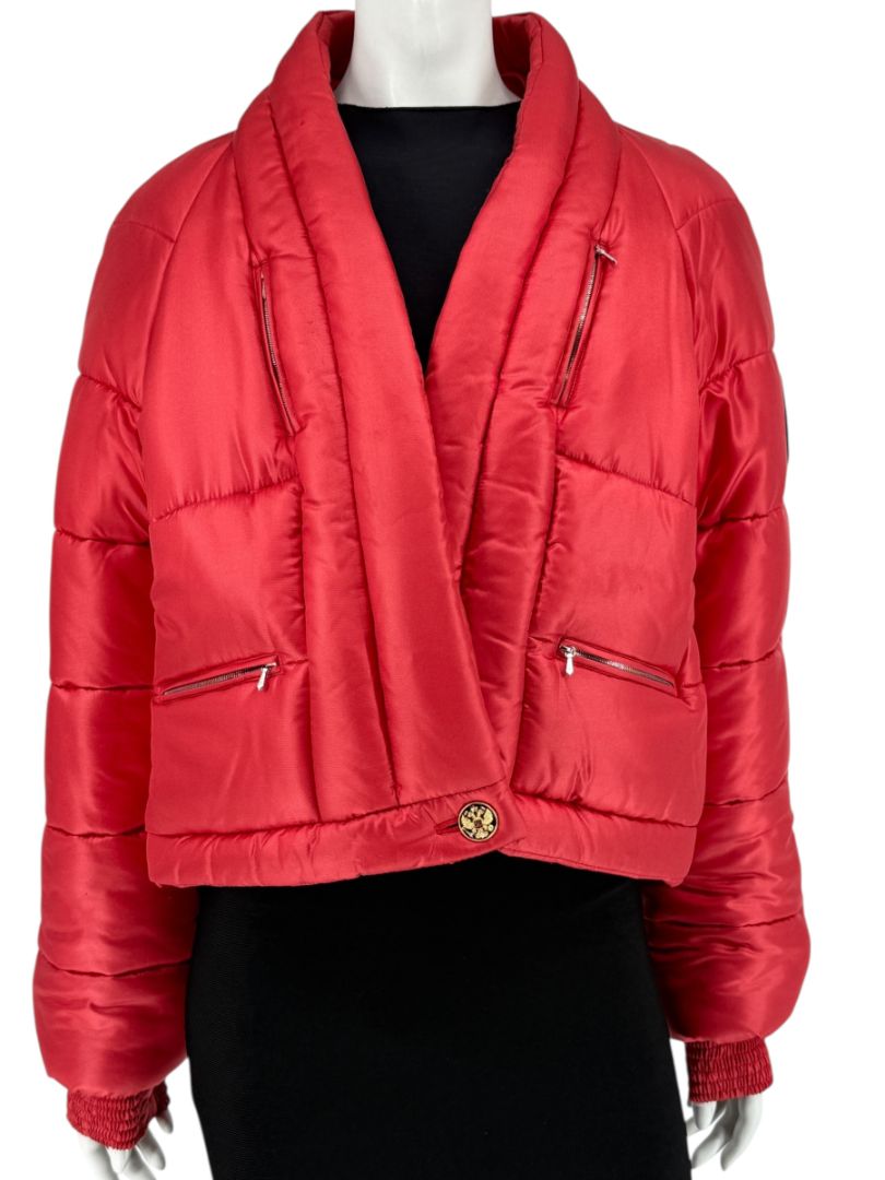 Chanel 2009 Paris Moscow Métiers d’Art Red Silk Puffer Bomber Jacket - Size 44