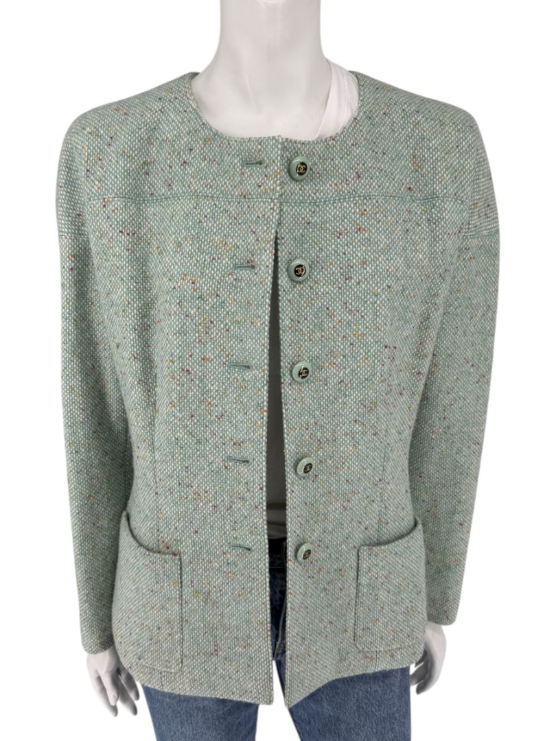 Chanel Women’s Mint Green Wool-Mohair Blend Tweed Jacket with Detachable Scarf – Size 44