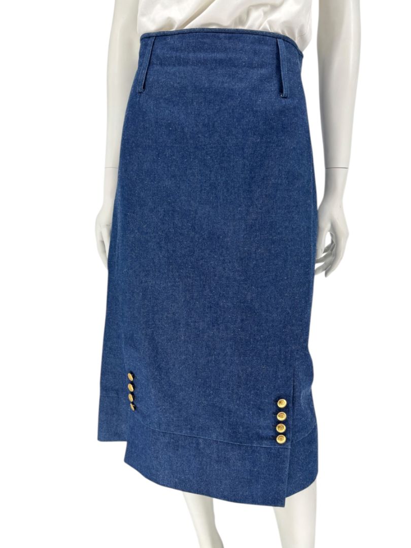 Christian Dior Boutique Blue Denim Midi Skirt with Gold Buttons – Size 14