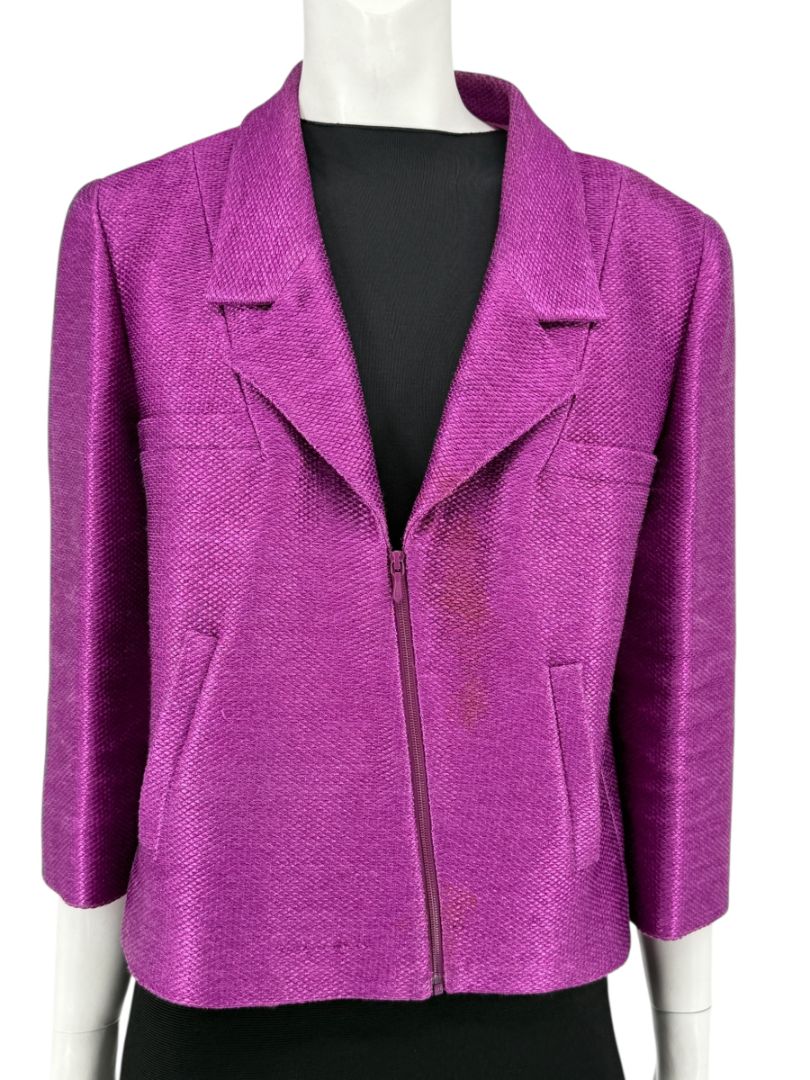 Chanel Fuchsia Textured Cotton-Blend Jacket – Size 42