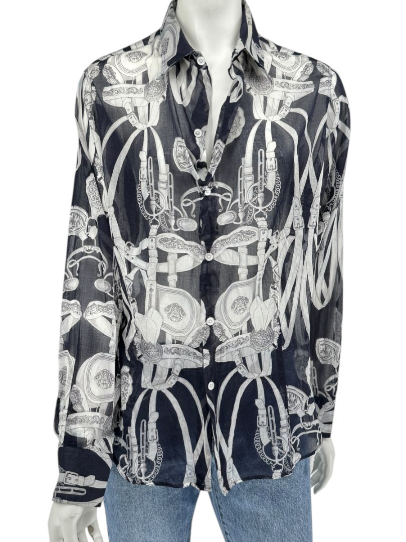 Craig Taylor Elegant Black & White Equestrian-Print Long-Sleeve Shirt – Size XL