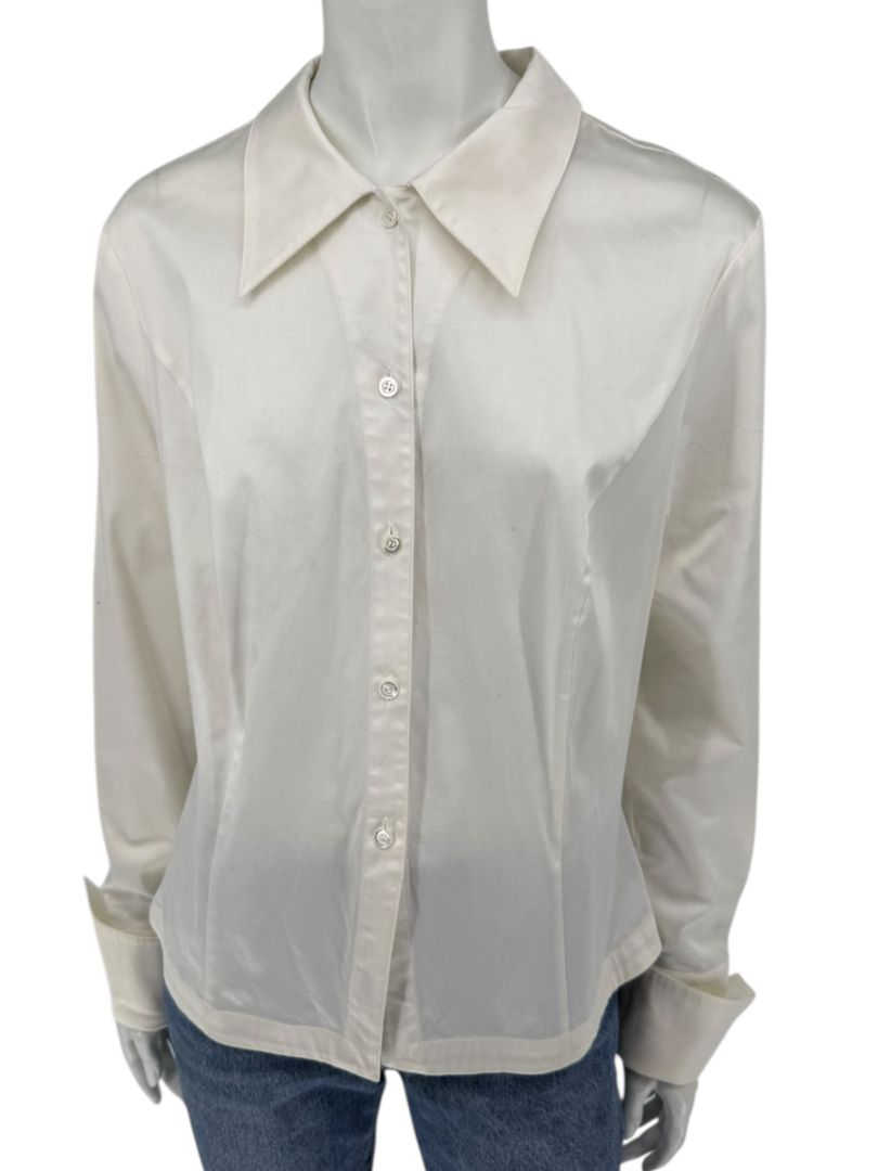 Escada White Cotton-Blend Lace-Up Back Dress Shirt – Size 42