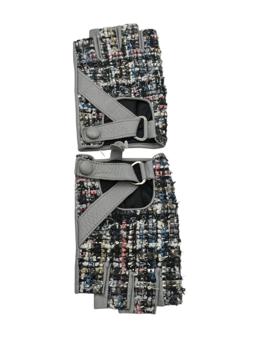 Karl Lagerfeld Gray Leather & Tweed Cutoff Gloves – Size S/M