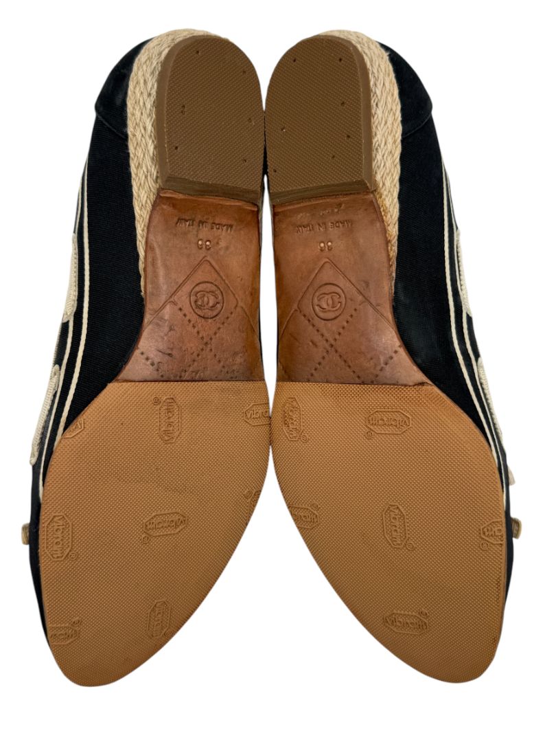 Chanel Black & Cream Canvas Logo Bow Espadrille Flats – Size 36 – Good Preowned Condition