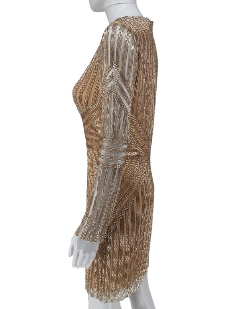 Pamella Roland Gold Beaded Illusion Mesh Evening Dress – Size 4