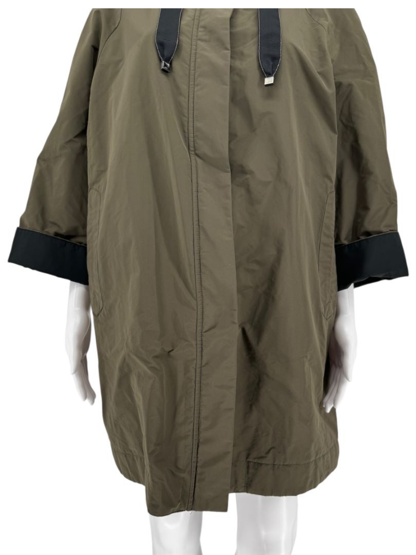 Brunello Cucinelli Olive Nylon Hooded Parka with Monili Trim - Size 10
