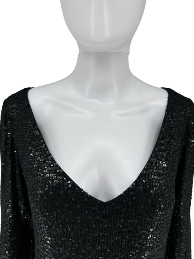 Pamella Roland Black Sequin Fringe Cocktail Dress – Large