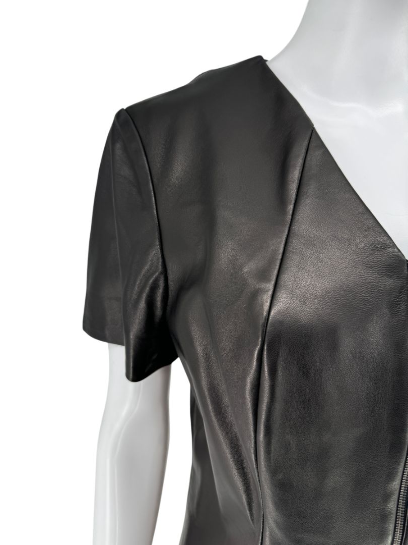 Pamella Roland Black Lambskin Leather Zip-Front Top – Large
