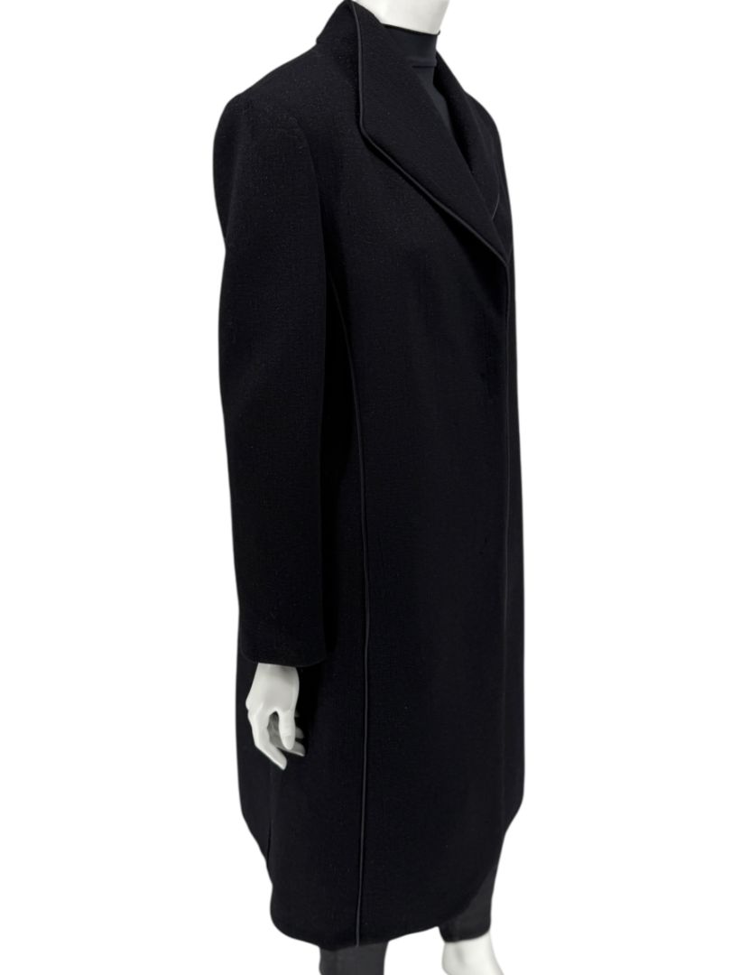 Pamella Roland Black Longline Coat Piped Trim Open Front Designer Outerwear Fits L