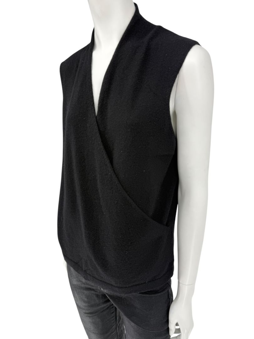 Linda Allard Ellen Tracy Black Wool Sleeveless Wrap Vest – Size L