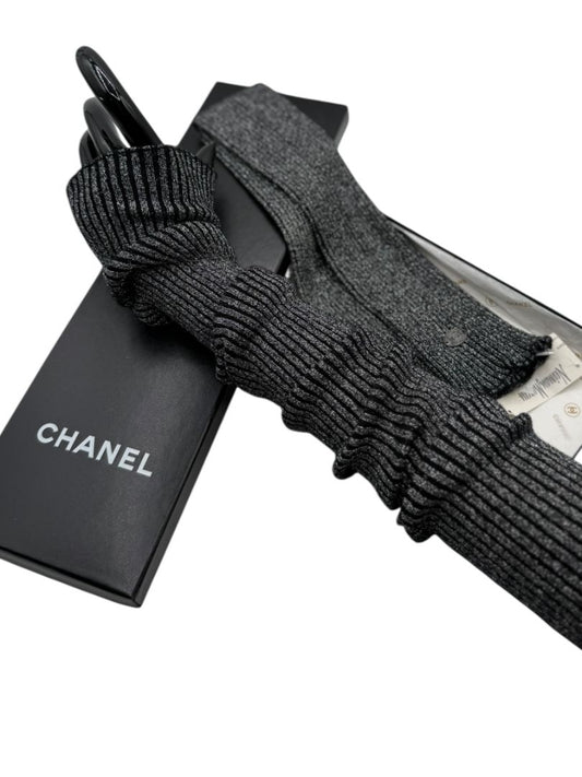 Chanel Gunmetal Silver Ribbed Long Fingerless Gloves with Box