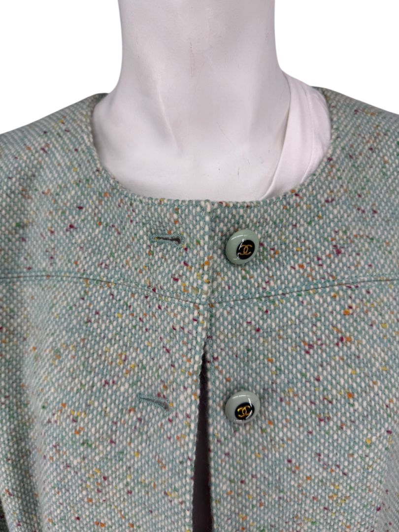 Chanel Women’s Mint Green Wool-Mohair Blend Tweed Jacket with Detachable Scarf – Size 44
