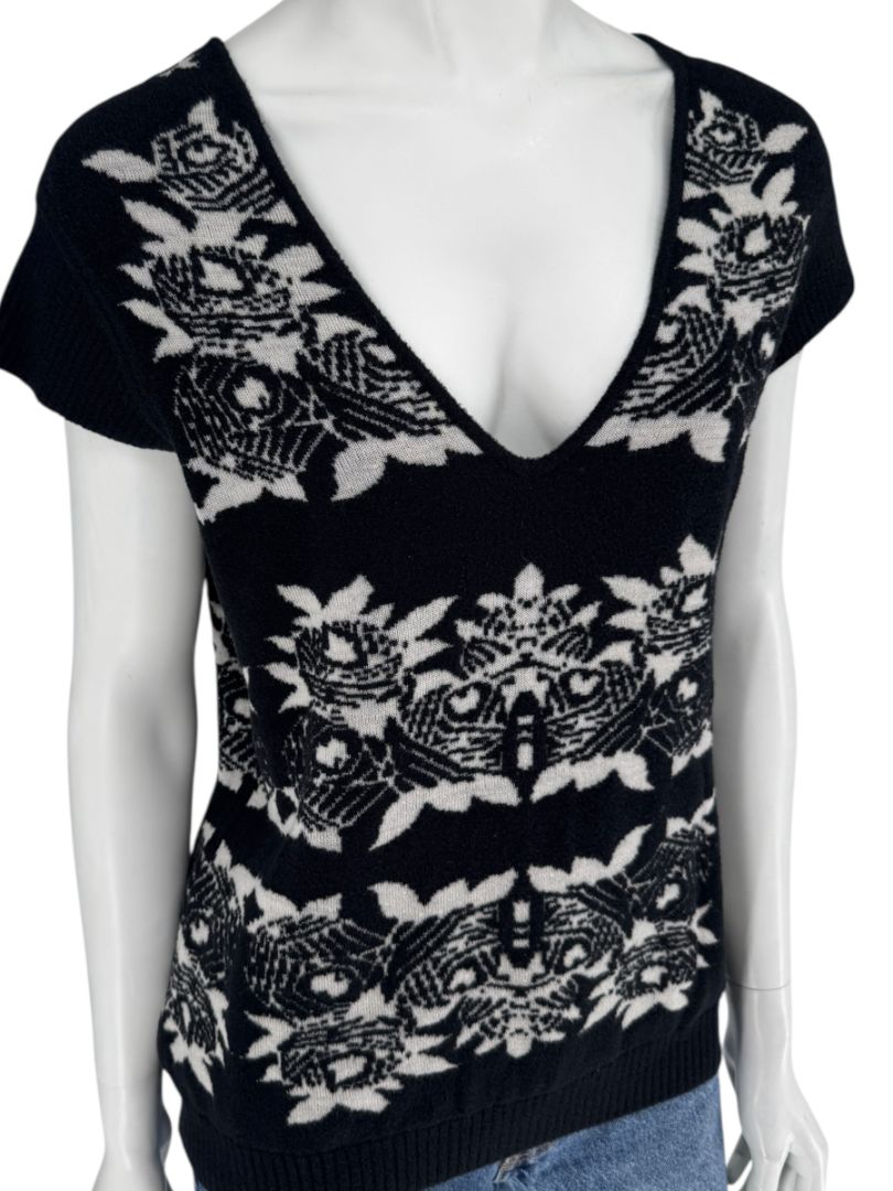 Chanel Black & Ivory Wool-Blend Deep V-Neck Sweater – Size FR 44