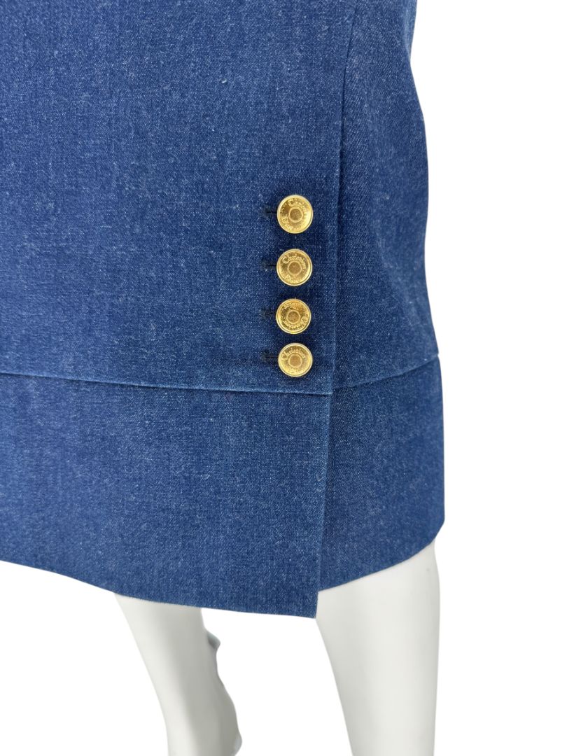 Christian Dior Boutique Blue Denim Midi Skirt with Gold Buttons – Size 14