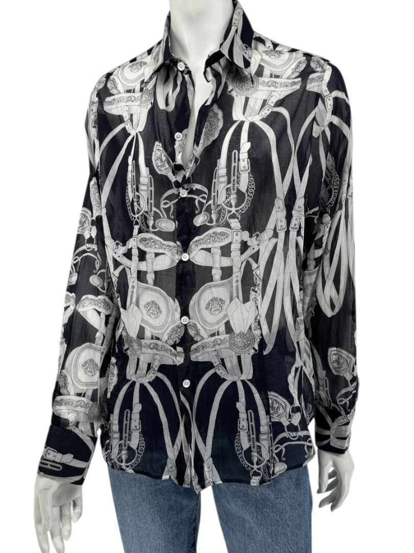 Craig Taylor Elegant Black & White Equestrian-Print Long-Sleeve Shirt – Size XL