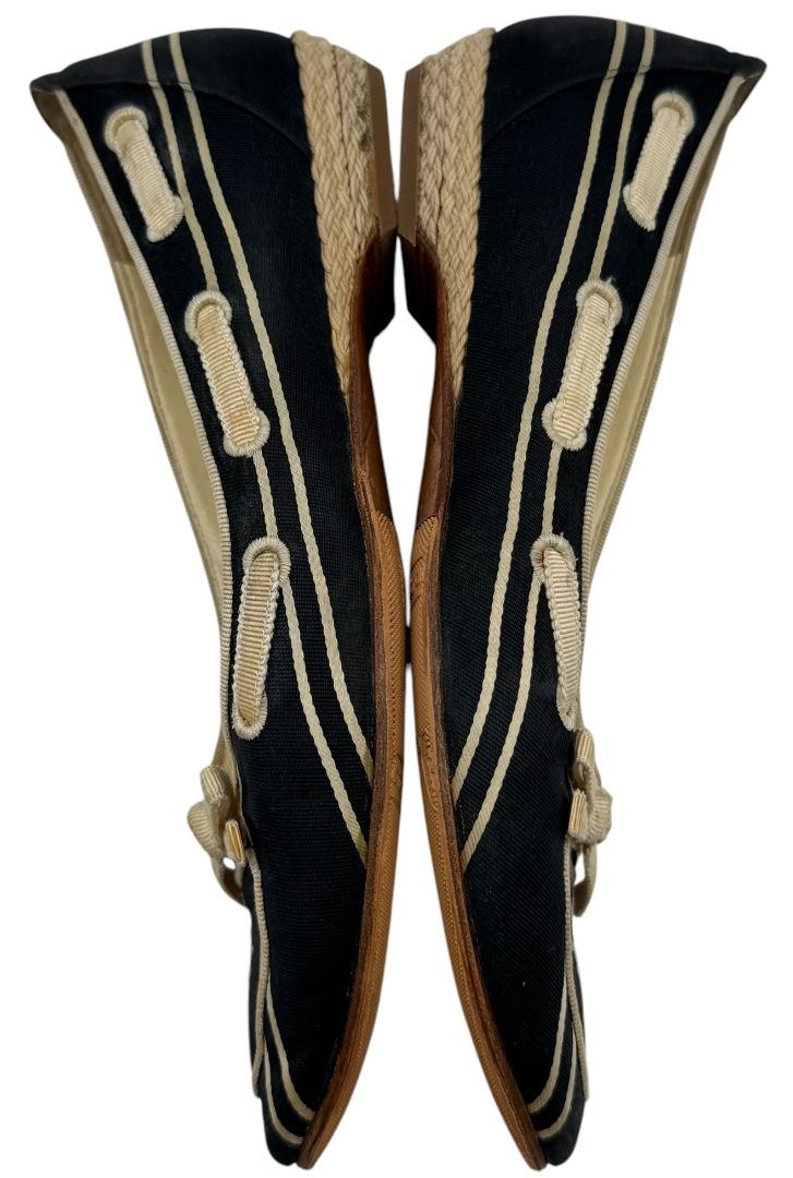 Chanel Black & Cream Canvas Logo Bow Espadrille Flats – Size 36 – Good Preowned Condition