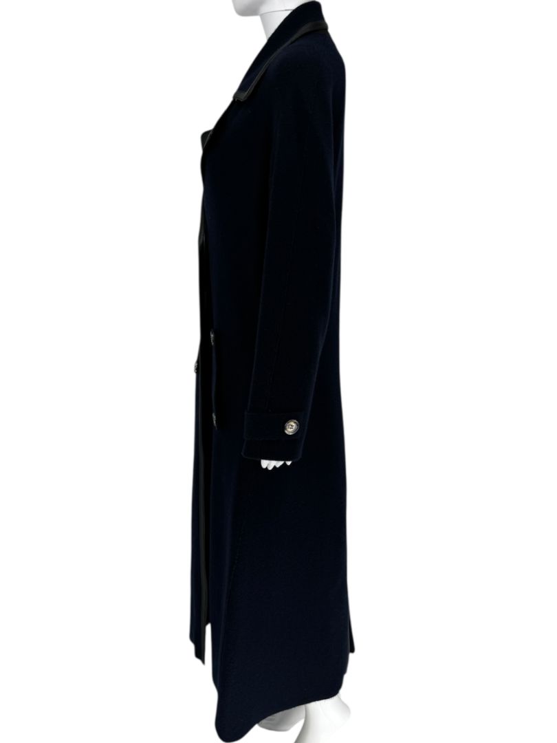 Giorgio Armani Navy Wool-Cashmere Coat with Leather Trim – Size 44