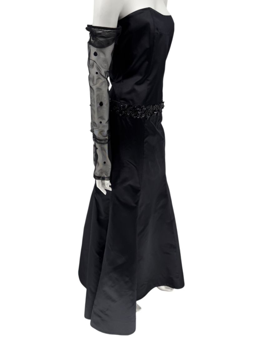 Pamella Roland Black Strapless Evening Dress Embellished Waist Sheer Sleeve Formal Gown - Size 6