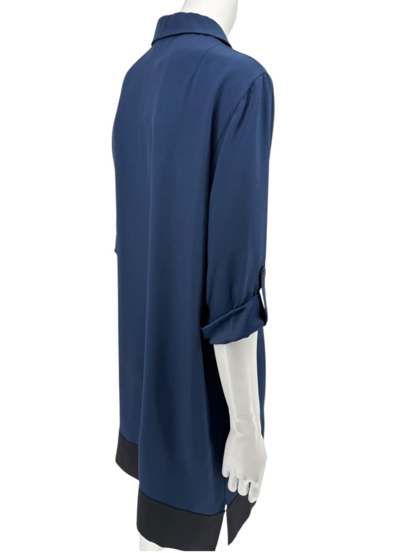 Akris Punto Navy Blue Viscose Acetate Tunic Dress Black Hem Roll Tab Sleeve - US 10