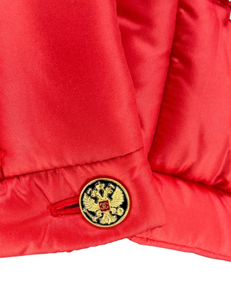 Chanel 2009 Paris Moscow Métiers d’Art Red Silk Puffer Bomber Jacket - Size 44