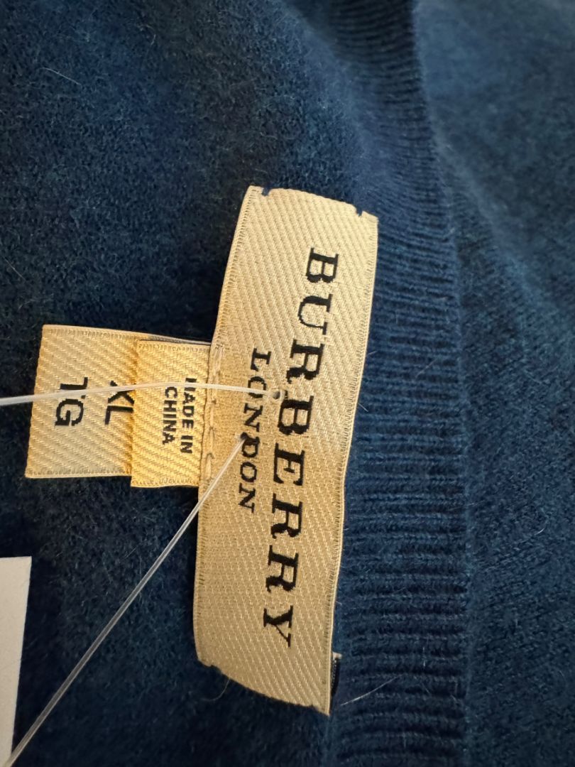 Burberry London Blue V-Neck Cashmere Sweater – Size XL