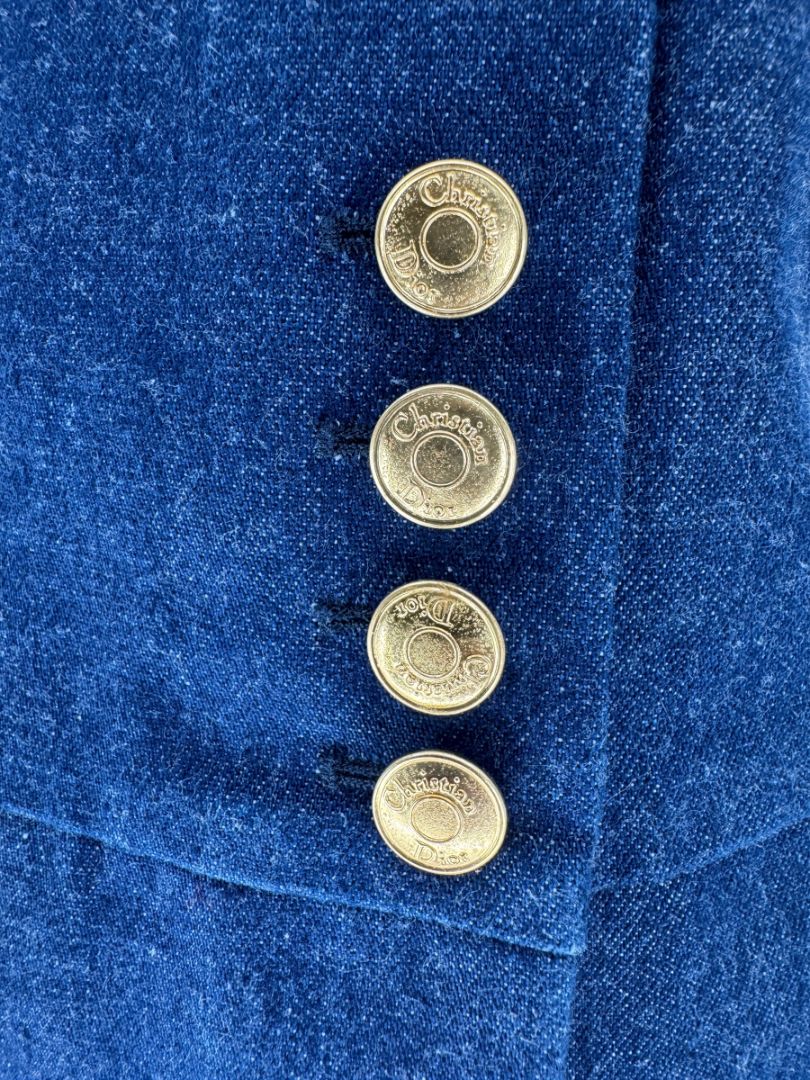 Christian Dior Boutique Blue Denim Midi Skirt with Gold Buttons – Size 14
