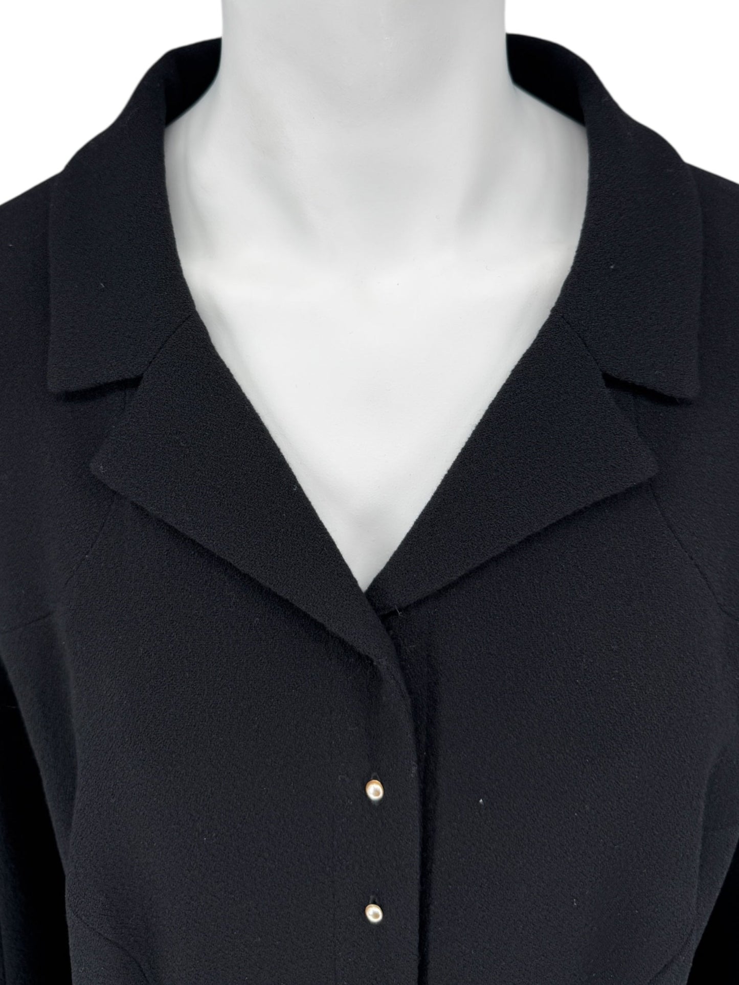 Chanel F/W 02 Long Black Wool Jacket Pearl Buttons - Size 44