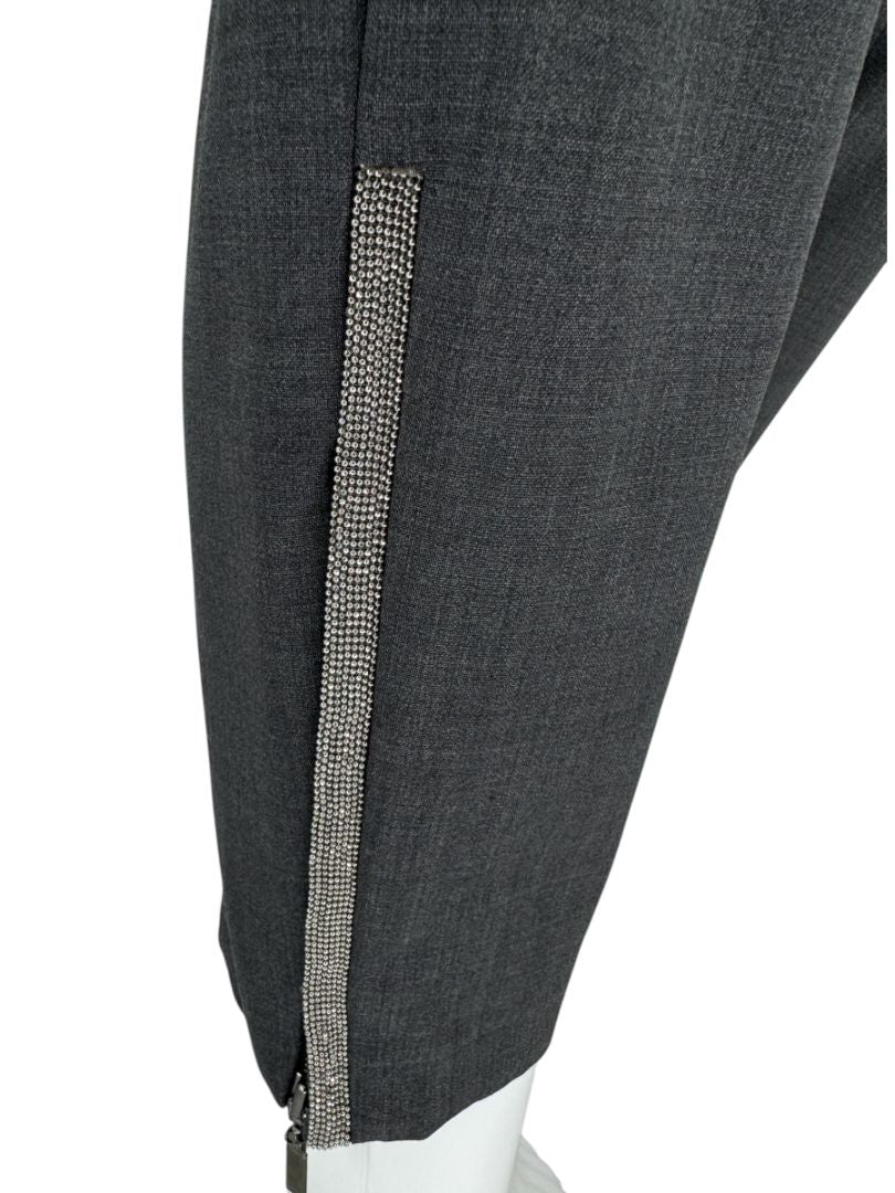 Brunello Cucinelli Grey Wool-Blend Slim Pants with Monili Trim – Size IT 44 / US 8