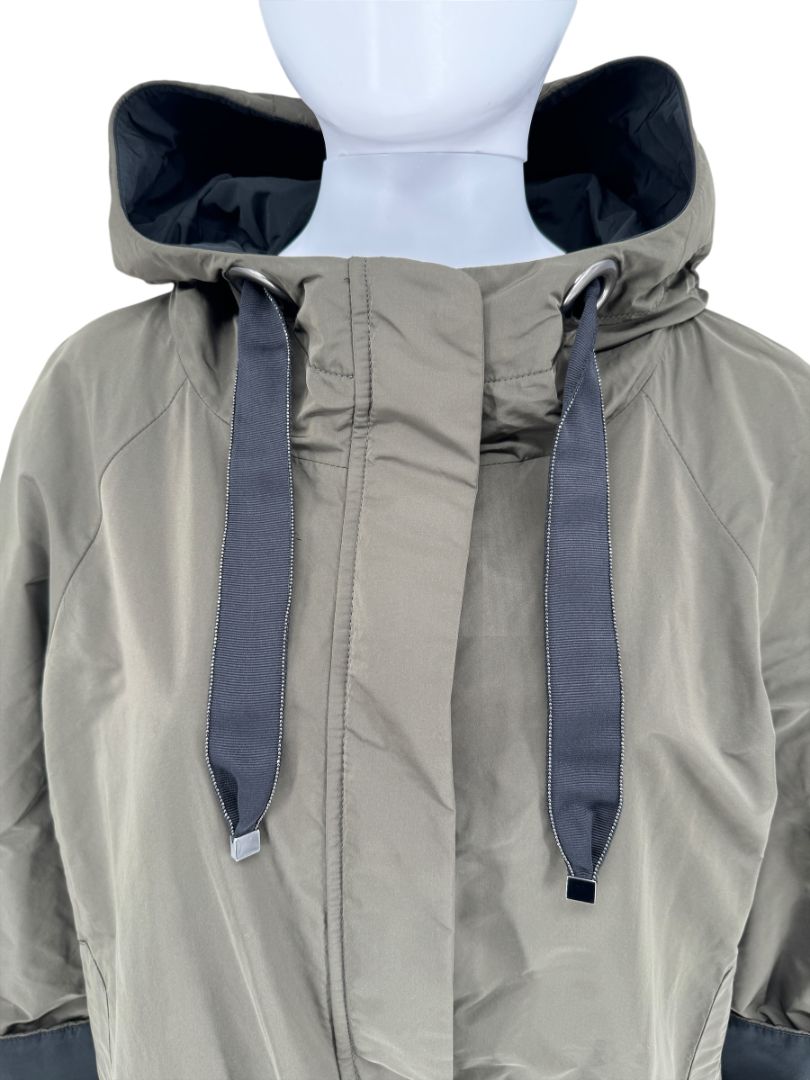 Brunello Cucinelli Olive Nylon Hooded Parka with Monili Trim - Size 10