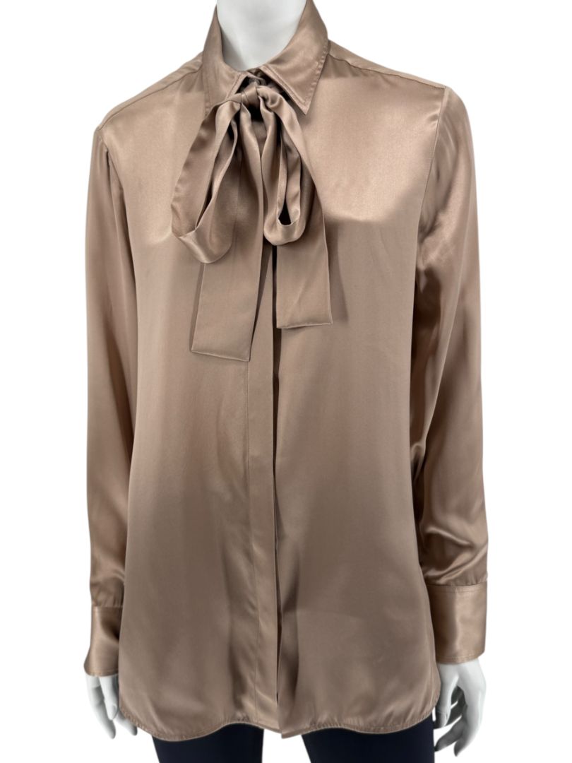 Brand New Kiton Bronze Silk Bow Blouse – Size 46