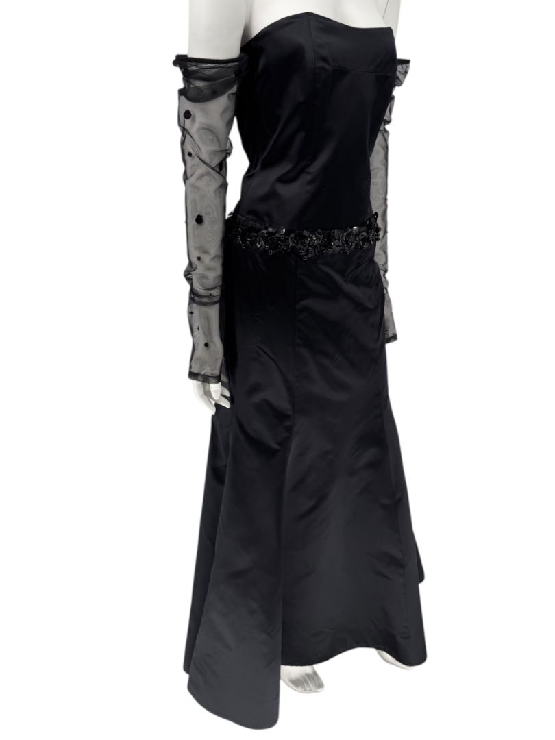 Pamella Roland Black Strapless Evening Dress Embellished Waist Sheer Sleeve Formal Gown - Size 6