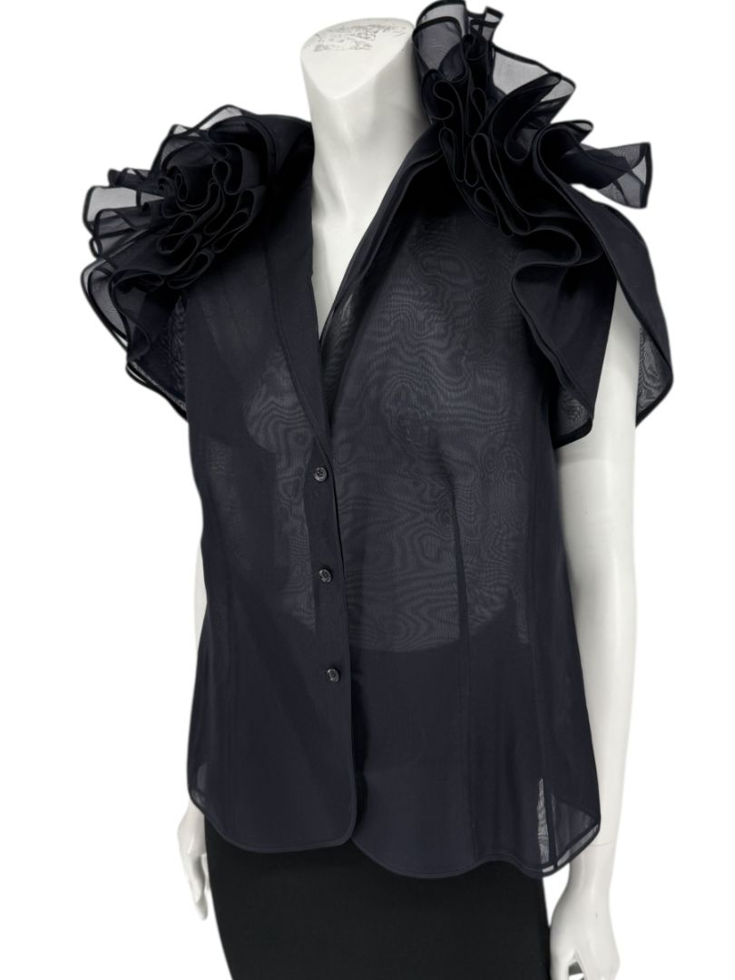 Féraud Paris Navy Silk Organza Ruffle Blouse – FR 44 - NWT